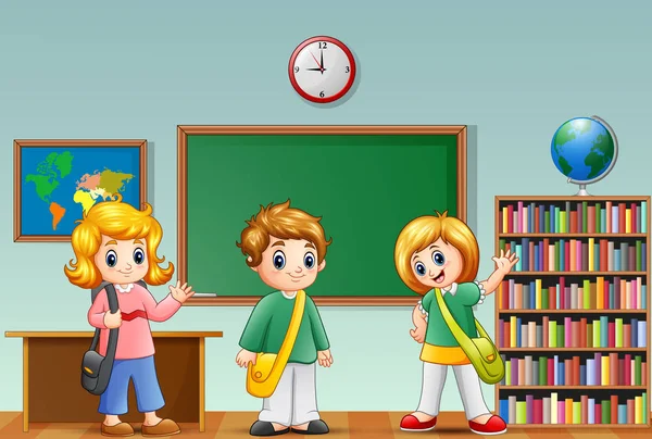Lindos niños de la escuela de dibujos animados en un aula — Vector de stock