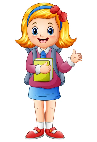 Cute girl holding book presenting — Stock Vector