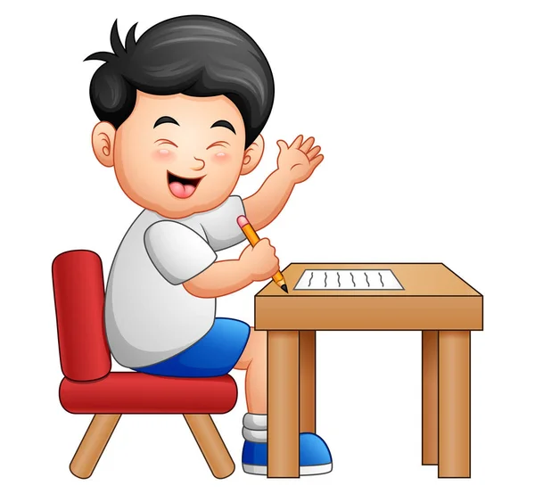 Cartoon jongen leren aan tafel geven duimen omhoog — Stockvector