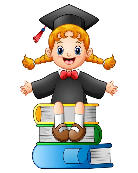 Glad graduate kid sitter på toppen av bok — Stock vektor