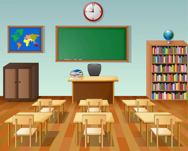 School klas interieur met schoolbord en Bureau — Stockvector