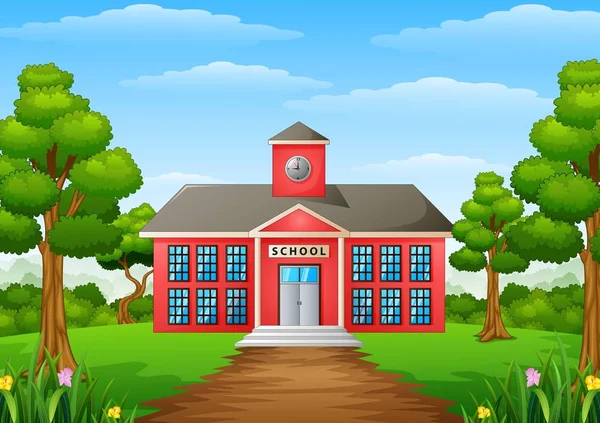 Edificio de escuela de dibujos animados con patio verde — Vector de stock