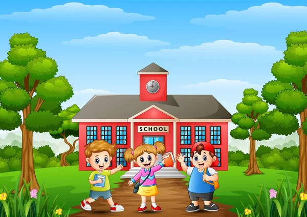 快乐的学校孩子们站在学校大楼前 — 图库矢量图片