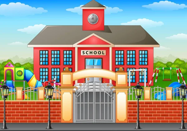 School gebouw en speeltuin gebied — Stockvector