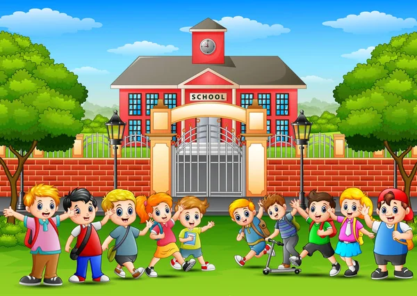 Niños felices en la escuela fuera del edificio de la escuela — Vector de stock