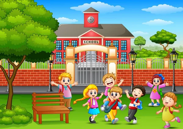 Happy school children playing in front of school building — Stock Vector