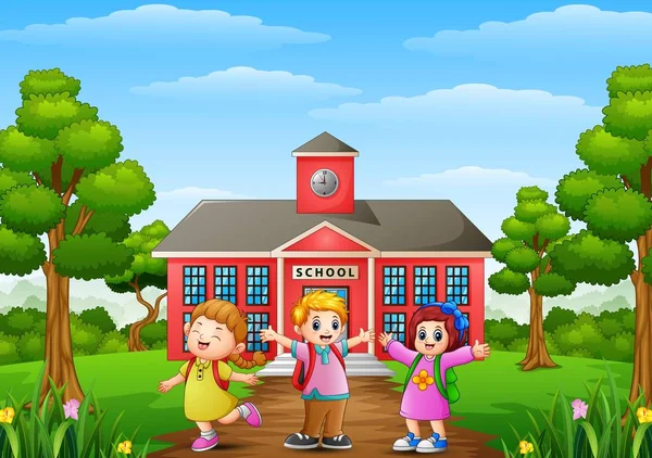 Happy school children standing in front of school building — Stock Vector