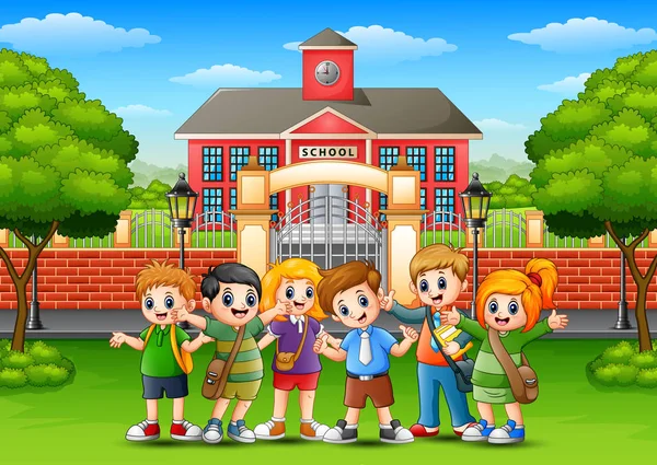 Happy school children standing in front of school building — Stock Vector