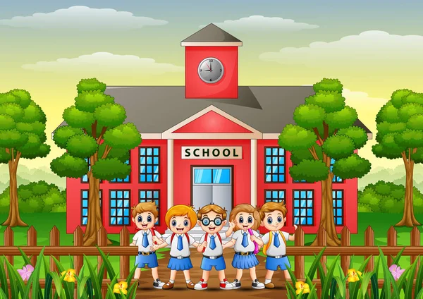 Happy school childrens in front of school building - Stok Vektor