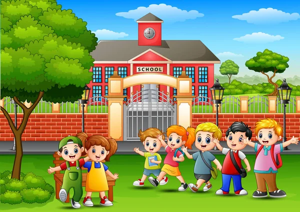 Mutlu okul çocukları okul binası önünde ayakta — Stok Vektör