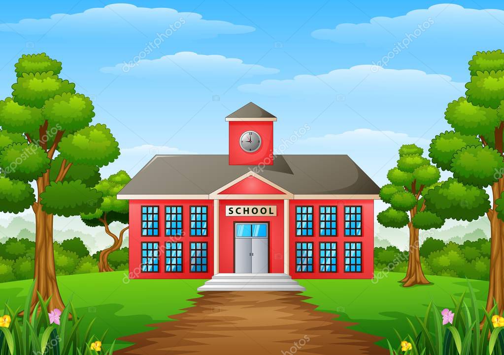 Edificio de la escuela de dibujos animados con jardín verde — Vector de