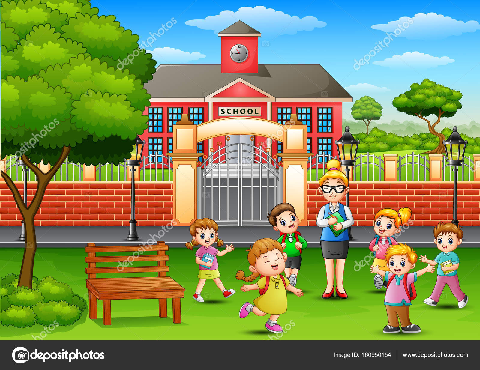 Happy school children with teacher in outside the front of school building Stock Vector Image by ©dualoro #160950154 Happy school children with teacher in outside the front of school building Stock Vector Image by ©dualoro #160950154