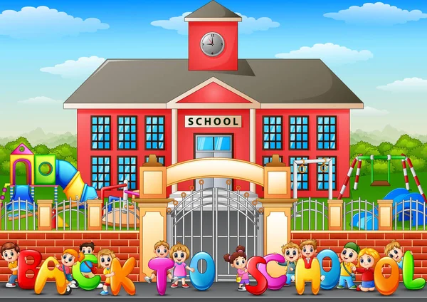 Happy school children holding the words "Back to School" in front of school building — Stock Vector