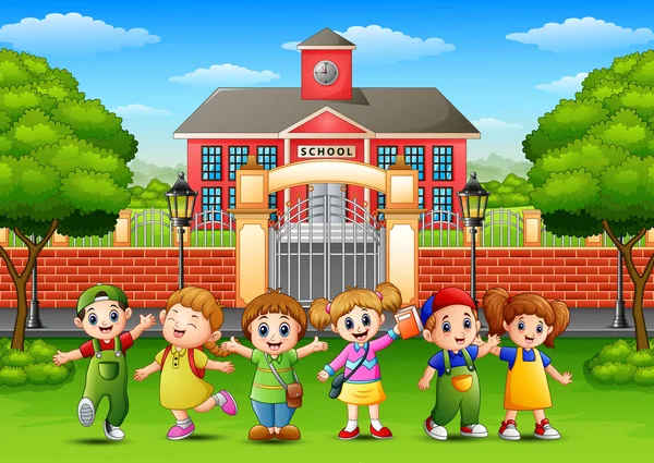 幸せな学校の子供たちは、学校の建物の前に立って — ストックベクタ