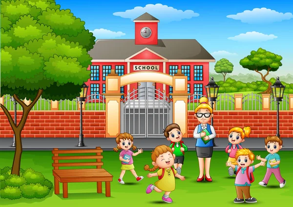 Happy school children with teacher in outside the front of school building — Stock Vector