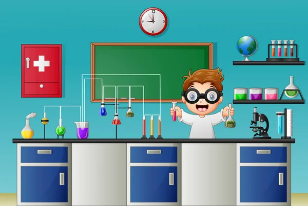 Мультфильм мальчик делает химический эксперимент в лаборатории — стоковый вектор