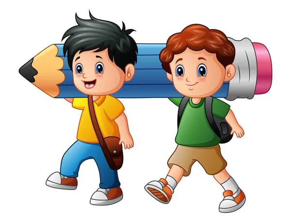 Due ragazzo cartone animato in possesso di una grande matita — Vettoriale Stock
