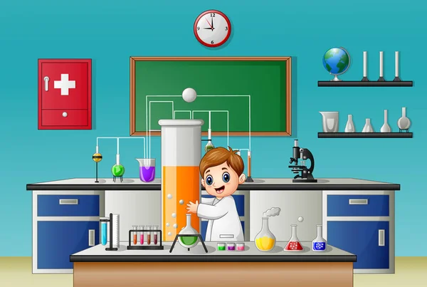 Мальчик держит пробирку в химической лаборатории. — стоковый вектор