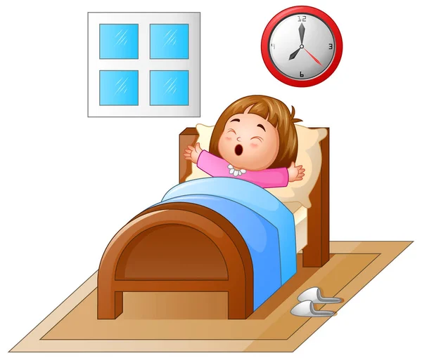 Niña despertando en una cama y bostezando — Vector de stock