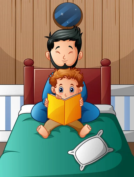 Vater und Sohn lesen im Bett ein Buch — Stockvektor