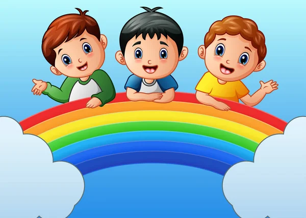 Cartoon glückliche Kinder auf dem Regenbogen — Stockvektor
