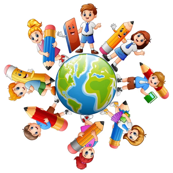 Enfants autour de la terre avec collection de papeterie — Image vectorielle