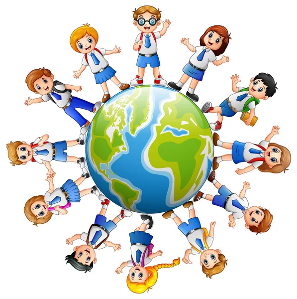 Children around the earth isolated on white background — Stock Vector