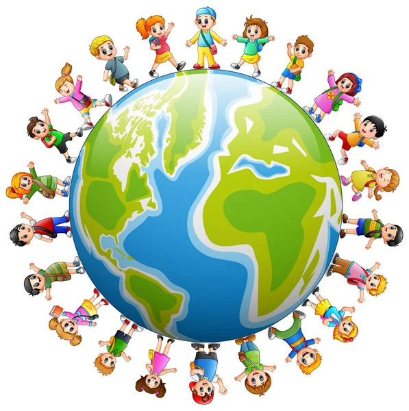 Счастливая группа детей, стоящих по всему миру — стоковый вектор
