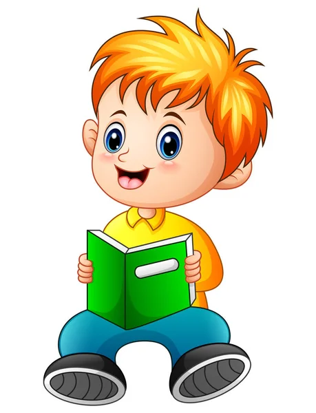 Schoolboy cartone animato leggere un libro — Vettoriale Stock