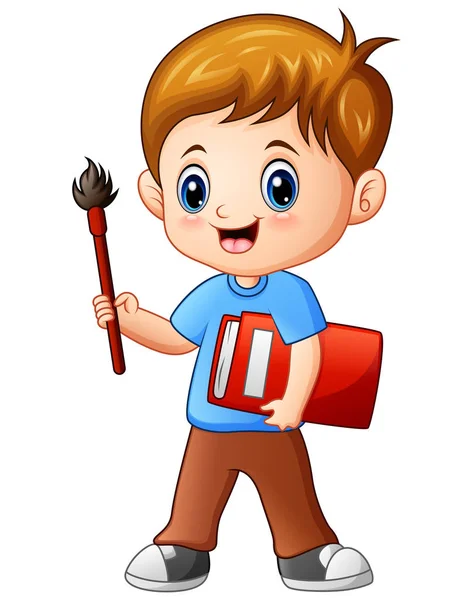 Chłopak Cartoon trzyma pędzel i książki — Wektor stockowy