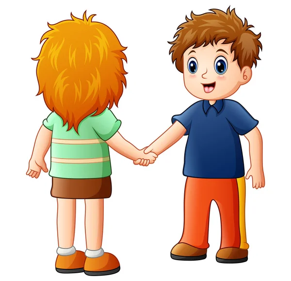 Dessin animé garçon et fille serrant la main — Image vectorielle
