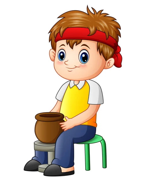 Cute little boy potter makes clay pot — Stock Vector