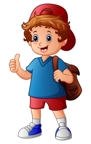 Cute boy in hat and backpack giving thumbs up — Stock Vector