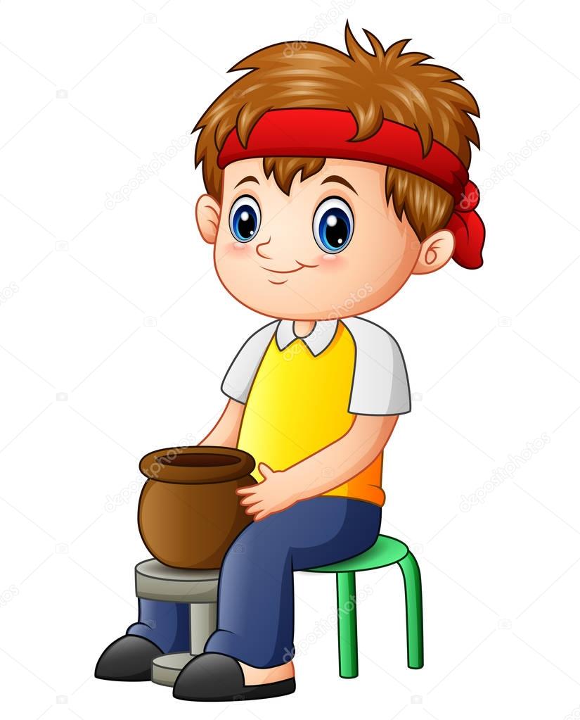 Cute little boy potter makes clay pot