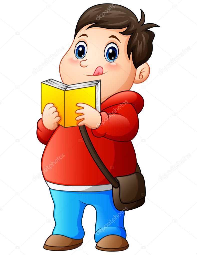 Cartoon fat boy in sweater reading a book