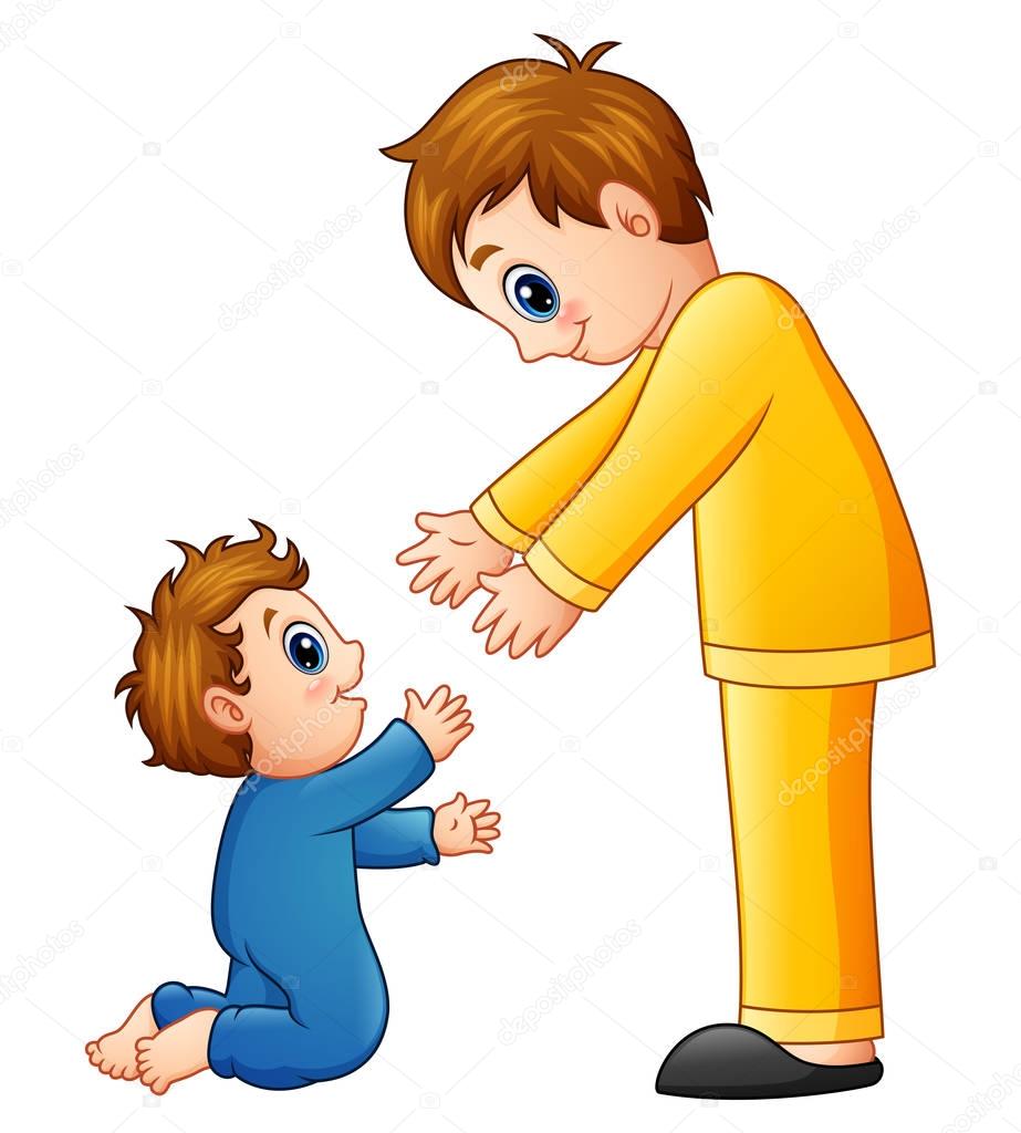 Dad holding son cartoon | Cartoon dad holding his son hands — Stock