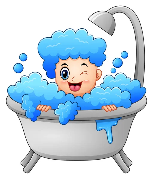 Niño tomando un baño con burbujas de jabón — Vector de stock