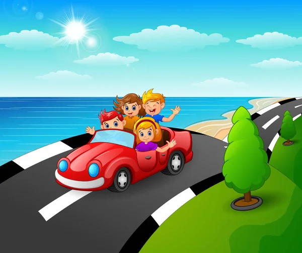 Щасливі діти катаються на машині на приморській дорозі — стоковий вектор