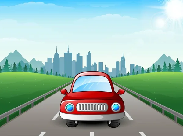 Cartone animato auto rossa su sfondo della città — Vettoriale Stock