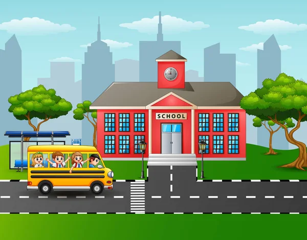 Les enfants vont à l'école avec le bus scolaire — Image vectorielle