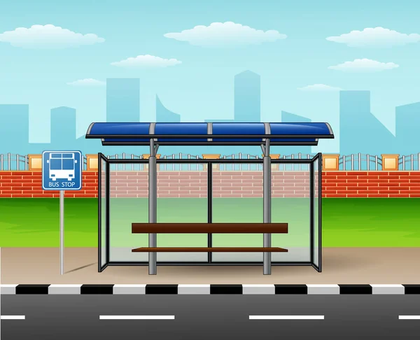 都市のスカイラインの背景を持つバス停 — ストックベクタ