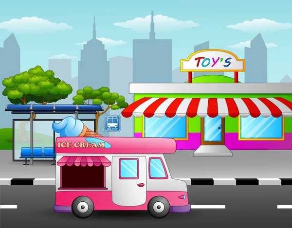 Camión de helados frente a la juguetería cerca de una calle — Vector de stock