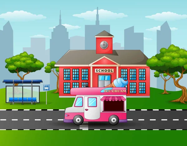 Ciudad horizonte fondo con camión de helados en frente del edificio de la escuela — Vector de stock