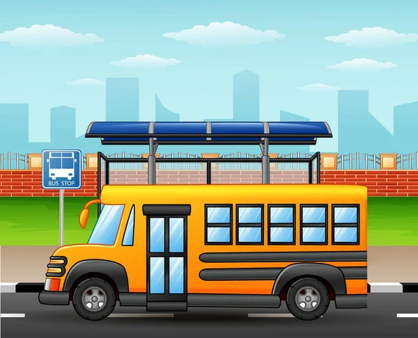都市のスカイラインの背景に学校のバス — ストックベクタ