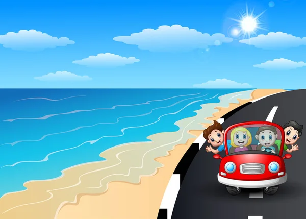 Familia feliz montando un coche en la carretera costera — Vector de stock
