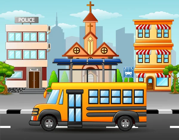 Autobús escolar en el horizonte de la ciudad fondo — Vector de stock