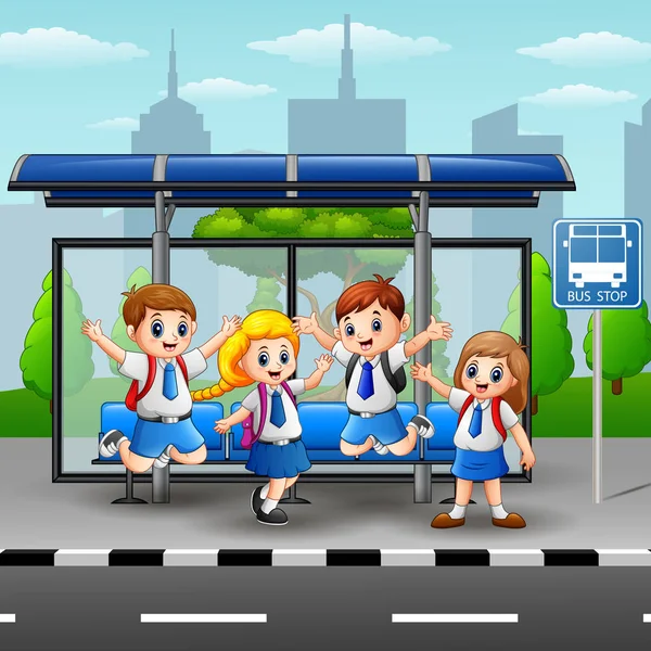 Счастливые студенты на автобусной остановке — стоковый вектор