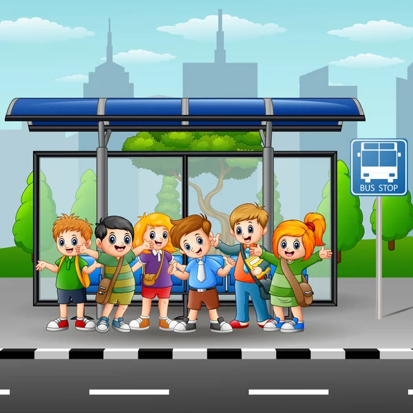 Niños felices en una parada de autobús — Archivo Imágenes Vectoriales