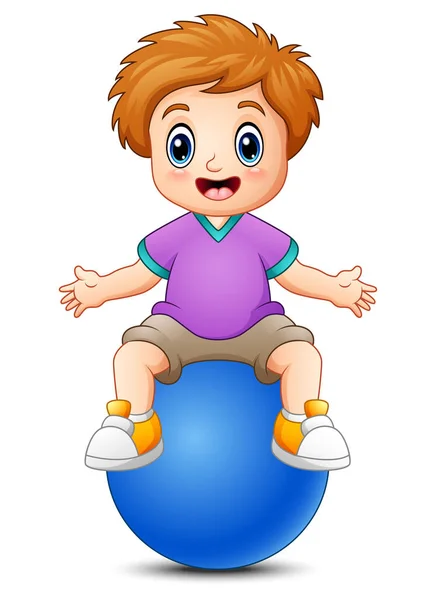 Liten pojke sitter på blå bollen — Stock vektor