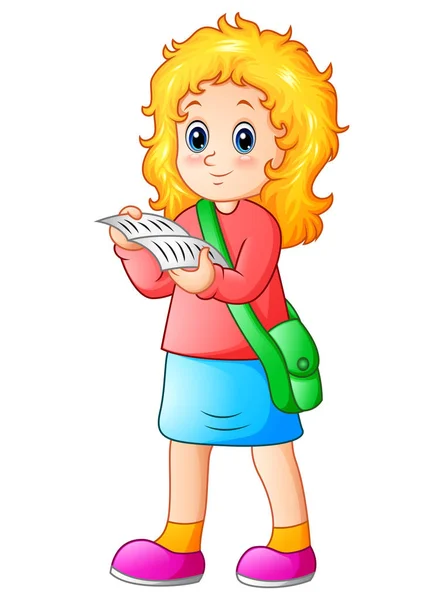 Studentessa cartone animato leggere un libro di testo — Vettoriale Stock